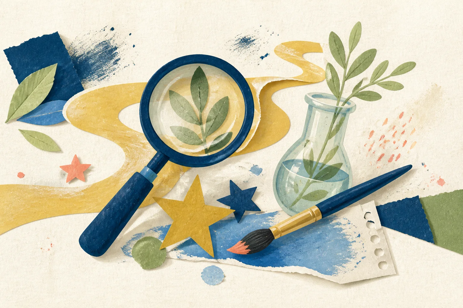 Paper collage of a magnifying glass, leaves, an art brush, and a winding path