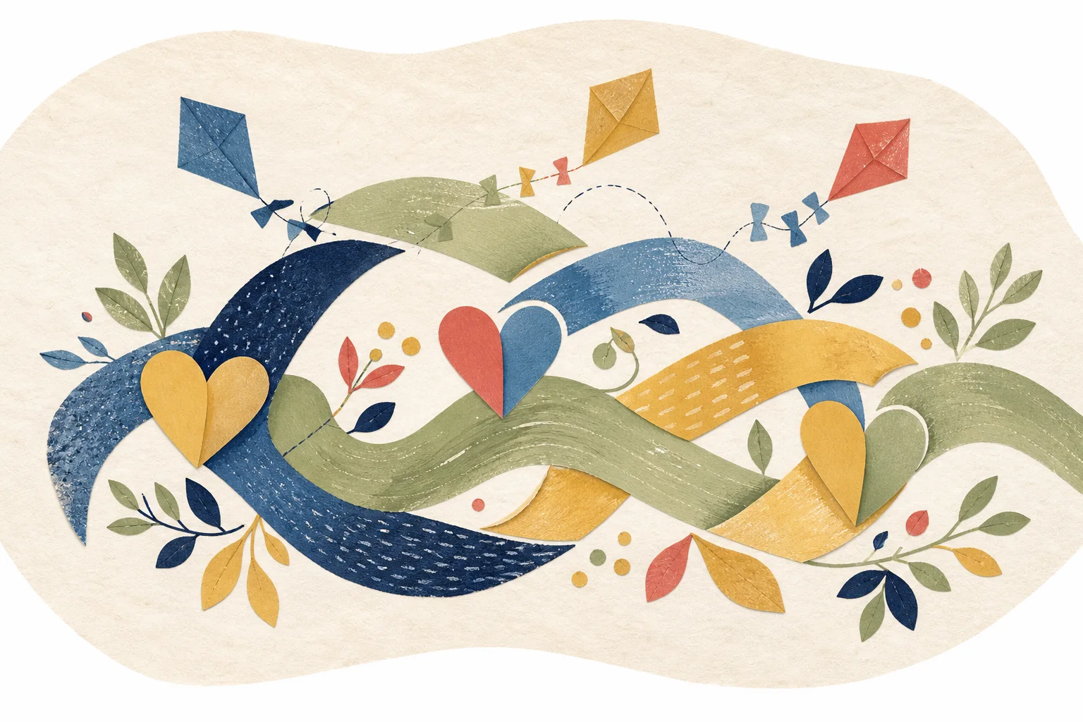 Paper collage of colorful connected paths, hearts, leaves, and kites