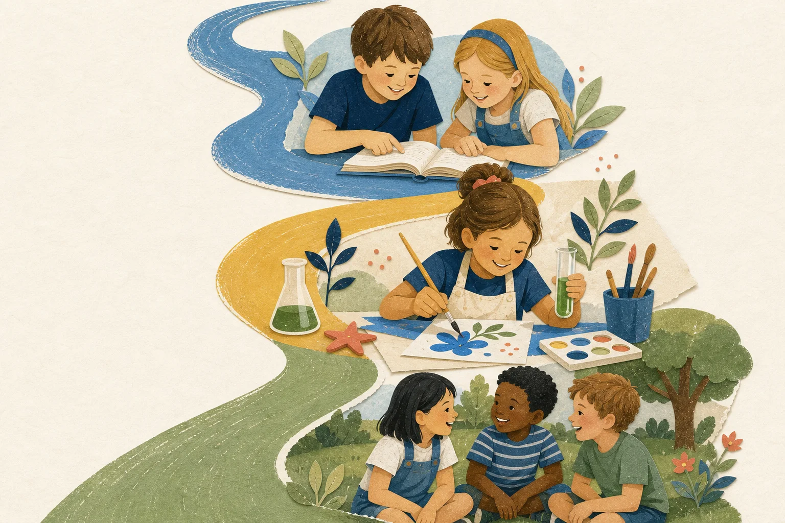 Illustrated paper collage of children reading, creating an art and science project, and building friendships along a blue, gold, and green learning river