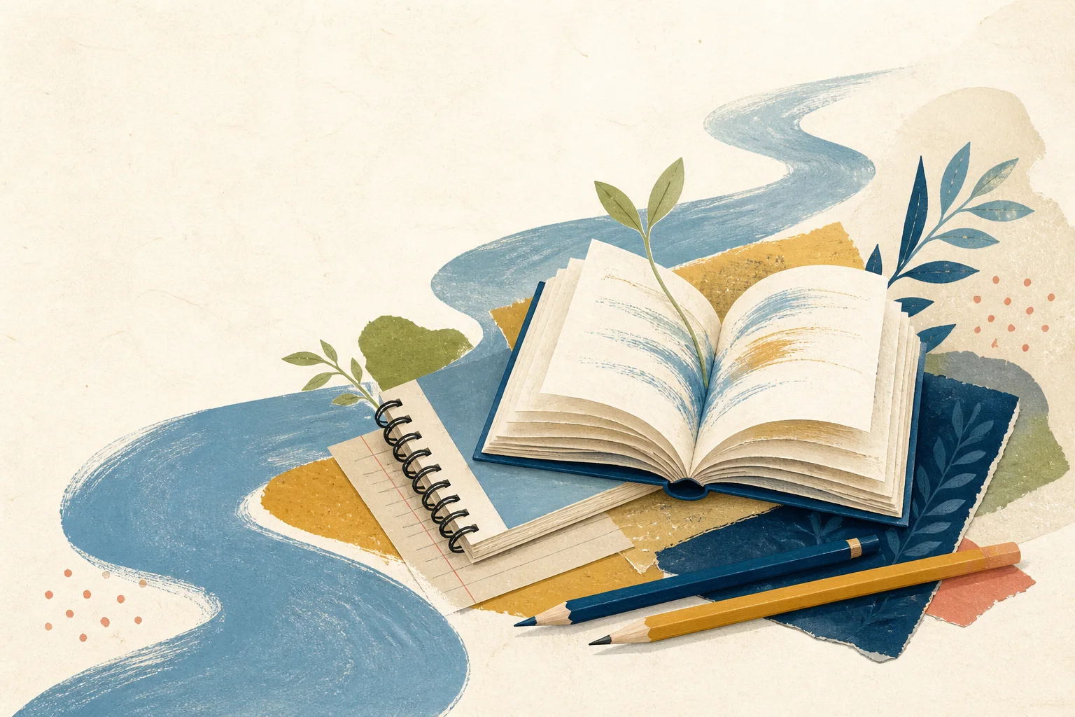 Paper collage of an open book, pencils, leaves, and a winding blue river
